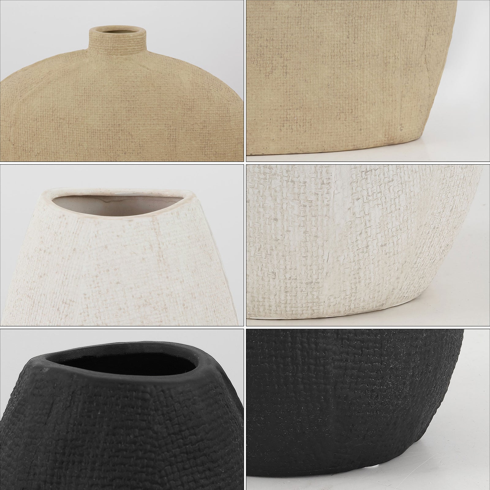 Distinctive tactile finishes lend earthy character to beige, white, and black ceramic vases. || RDC4028A-SET3 || detail_studio