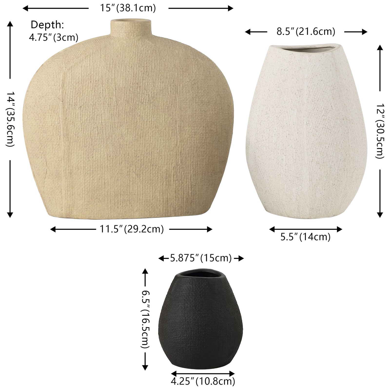 Three ceramic vases stand 14, 12, and 6.5 inches tall for a layered decorative display. || RDC4028A-SET3 || dimension_studio