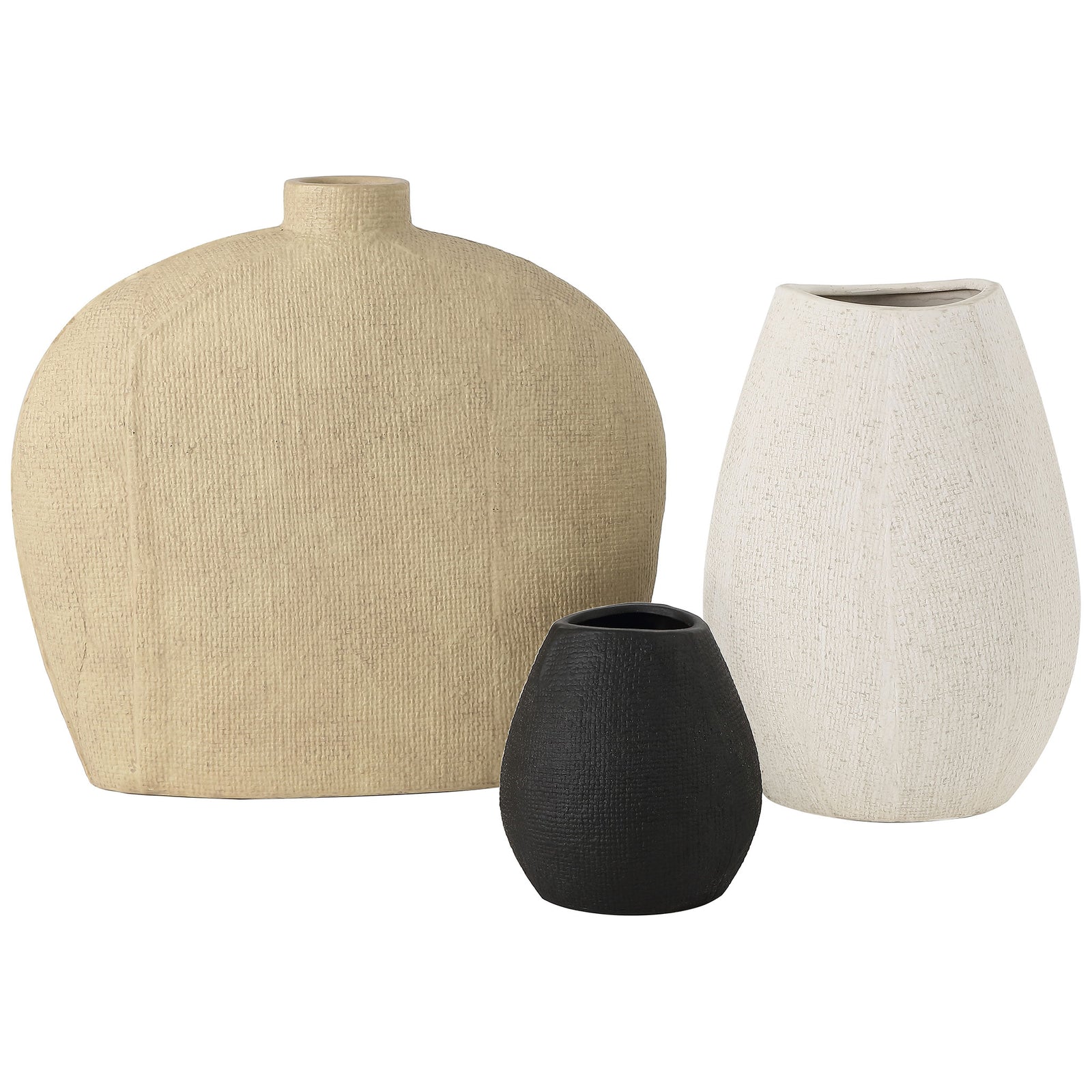 A trio of textured ceramic vases in sandy beige, warm white, and black adds rustic contrast. || RDC4028A-SET3 || front_studio