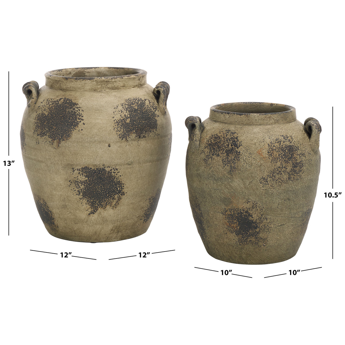 Weathered terracotta vases with loop handles stand 13 and 10.5 inches tall in complementary sizes.