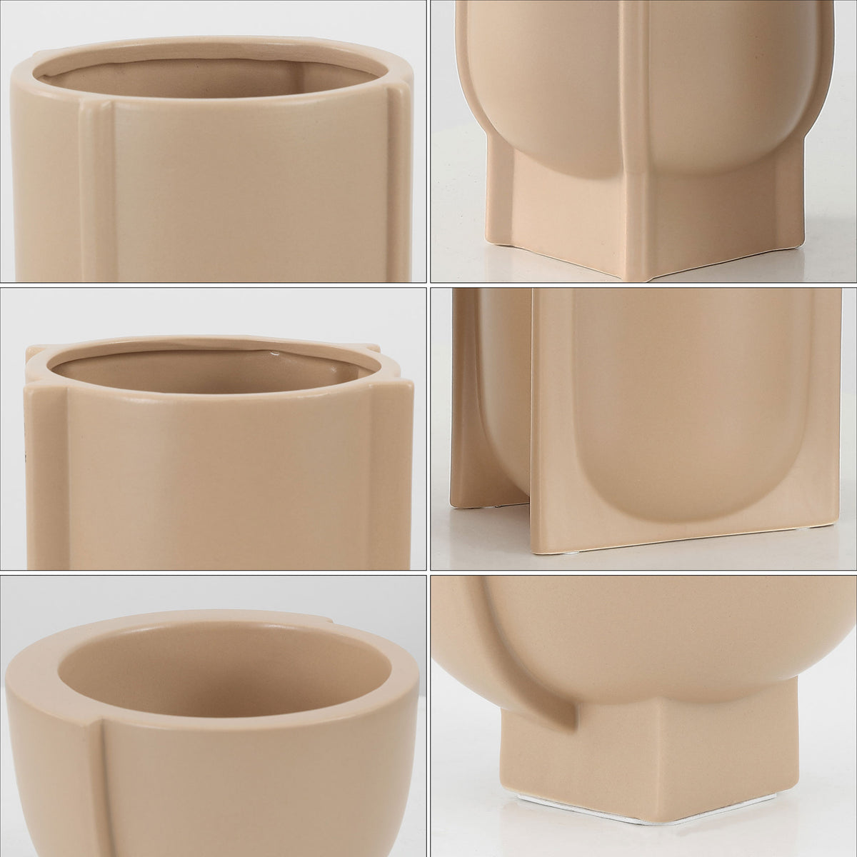 Smooth taupe ceramic rims, curved bodies, and squared bases give the three vases a sculptural look. || RDC4030A-SET3 || detail_studio
