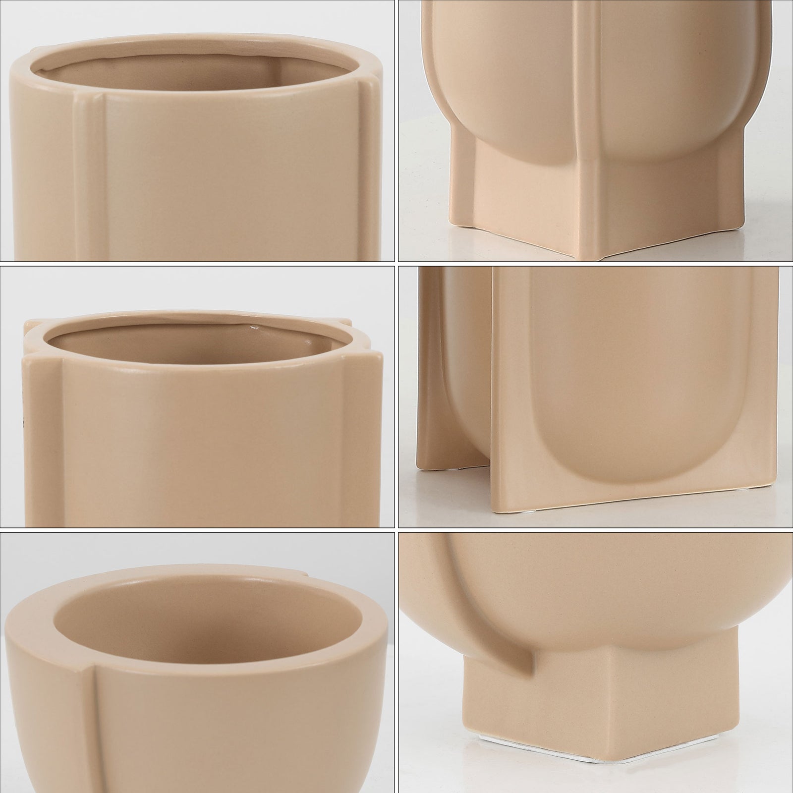 Smooth taupe ceramic rims, curved bodies, and squared bases give the three vases a sculptural look. || RDC4030A-SET3 || detail_studio