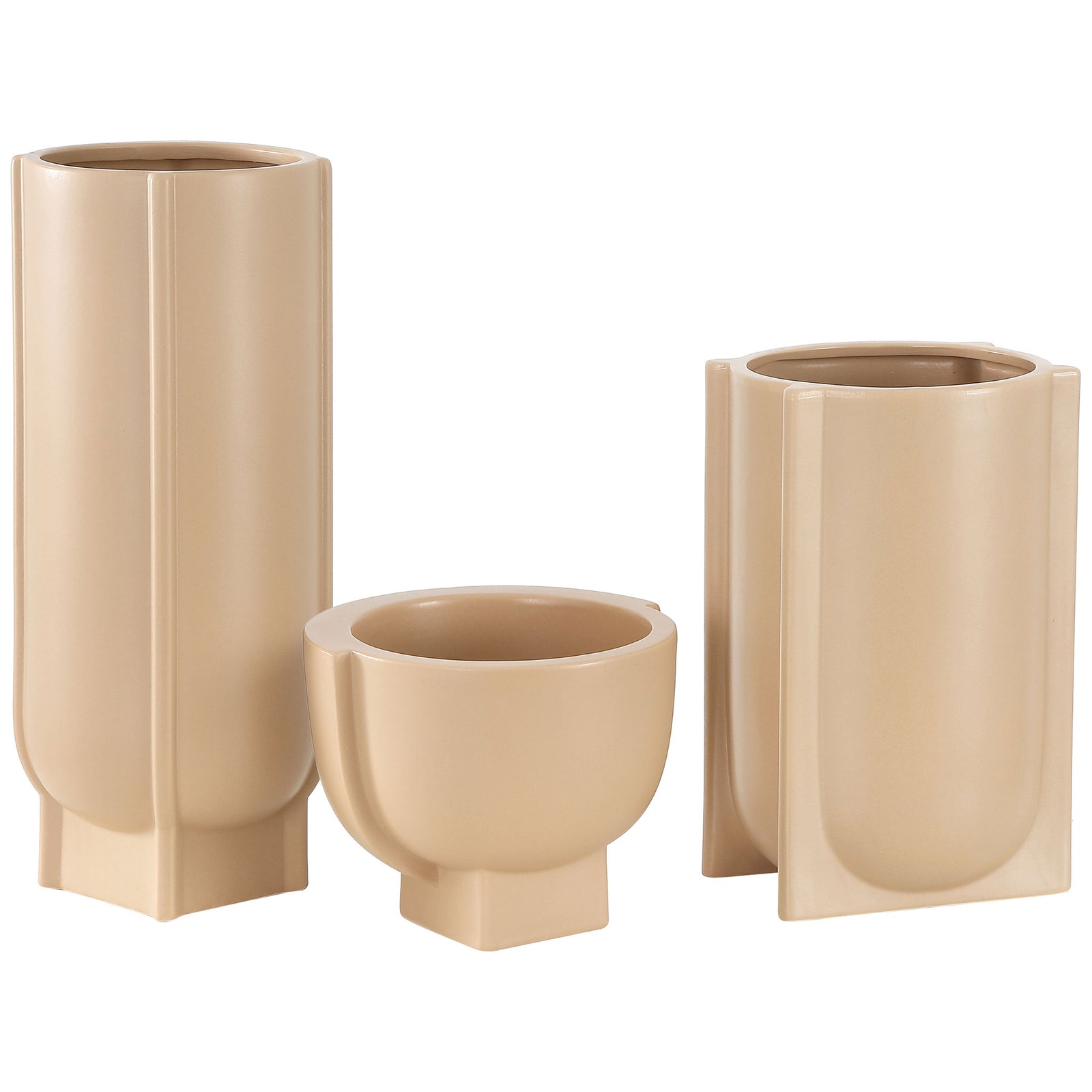 Three taupe ceramic vases pair rounded silhouettes with vertical detailing and geometric bases. || RDC4030A-SET3 || front_angle_studio