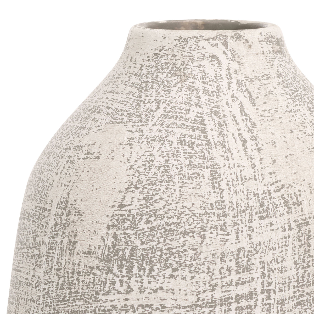 A narrow ceramic vase neck opens above broad shoulders with a textured gray-and-white wash || RDC4031A || detail_studio