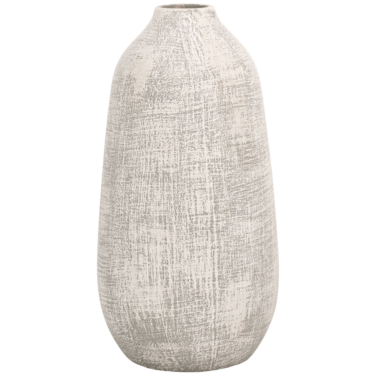 A tall ceramic vase pairs a narrow neck with rounded sides and a distressed whitewashed gray finish || RDC4031A || front_studio