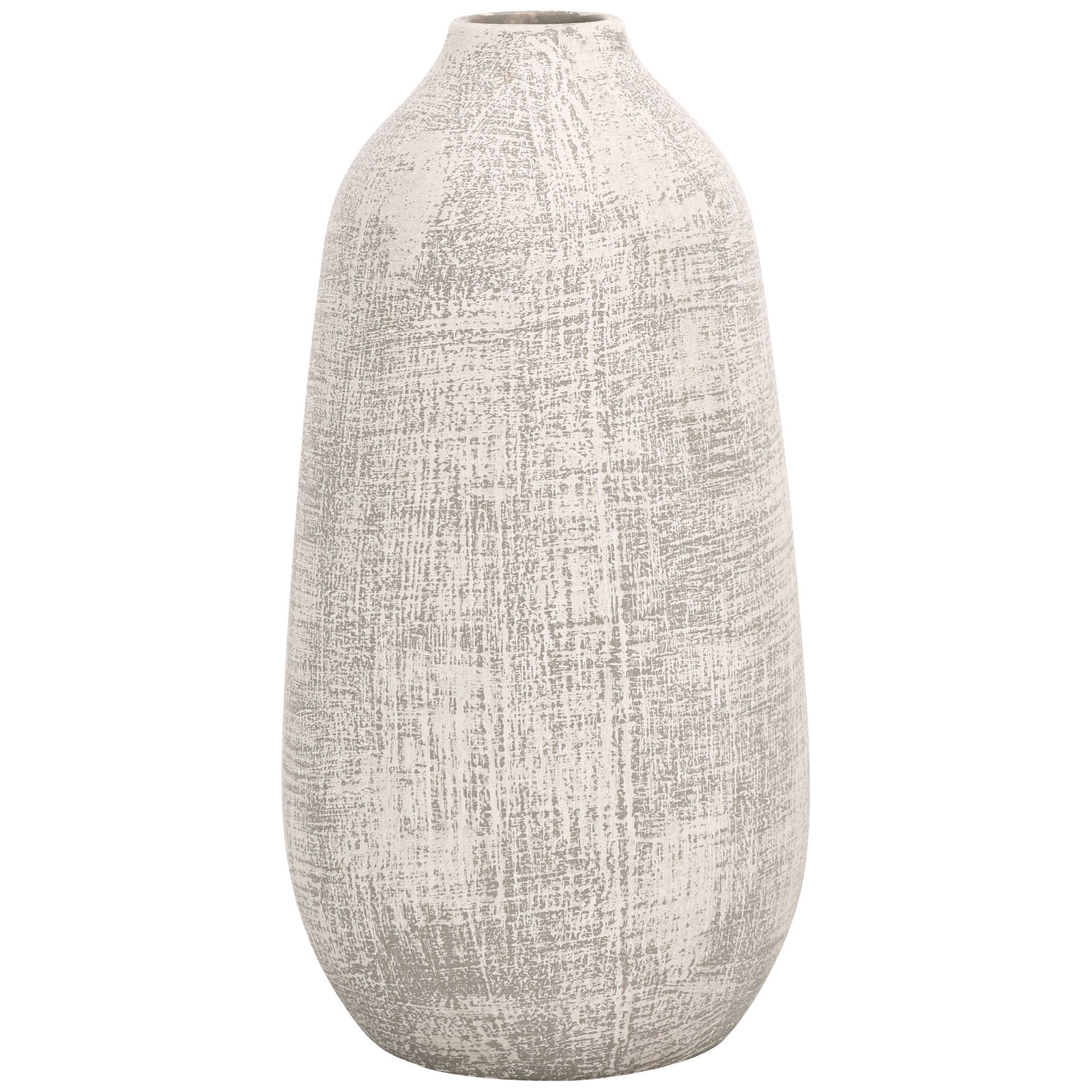 A tall ceramic vase pairs a narrow neck with rounded sides and a distressed whitewashed gray finish || RDC4031A || front_studio