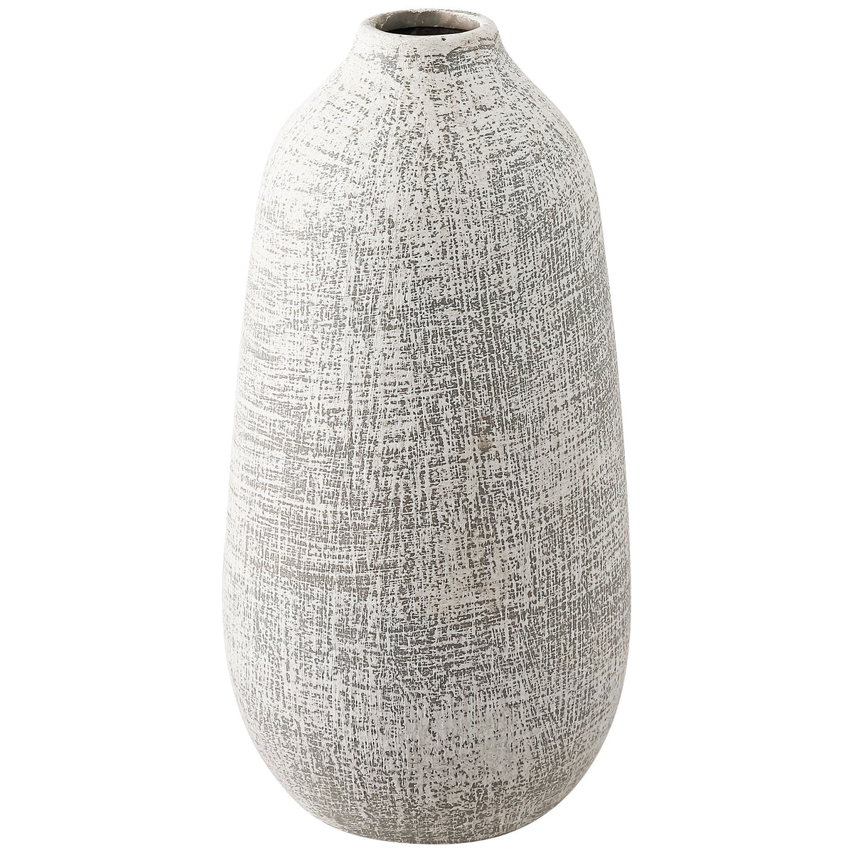 A slim-necked ceramic vase with a rounded body showcases its weathered gray-and-white finish || RDC4031A || front_angle_studio