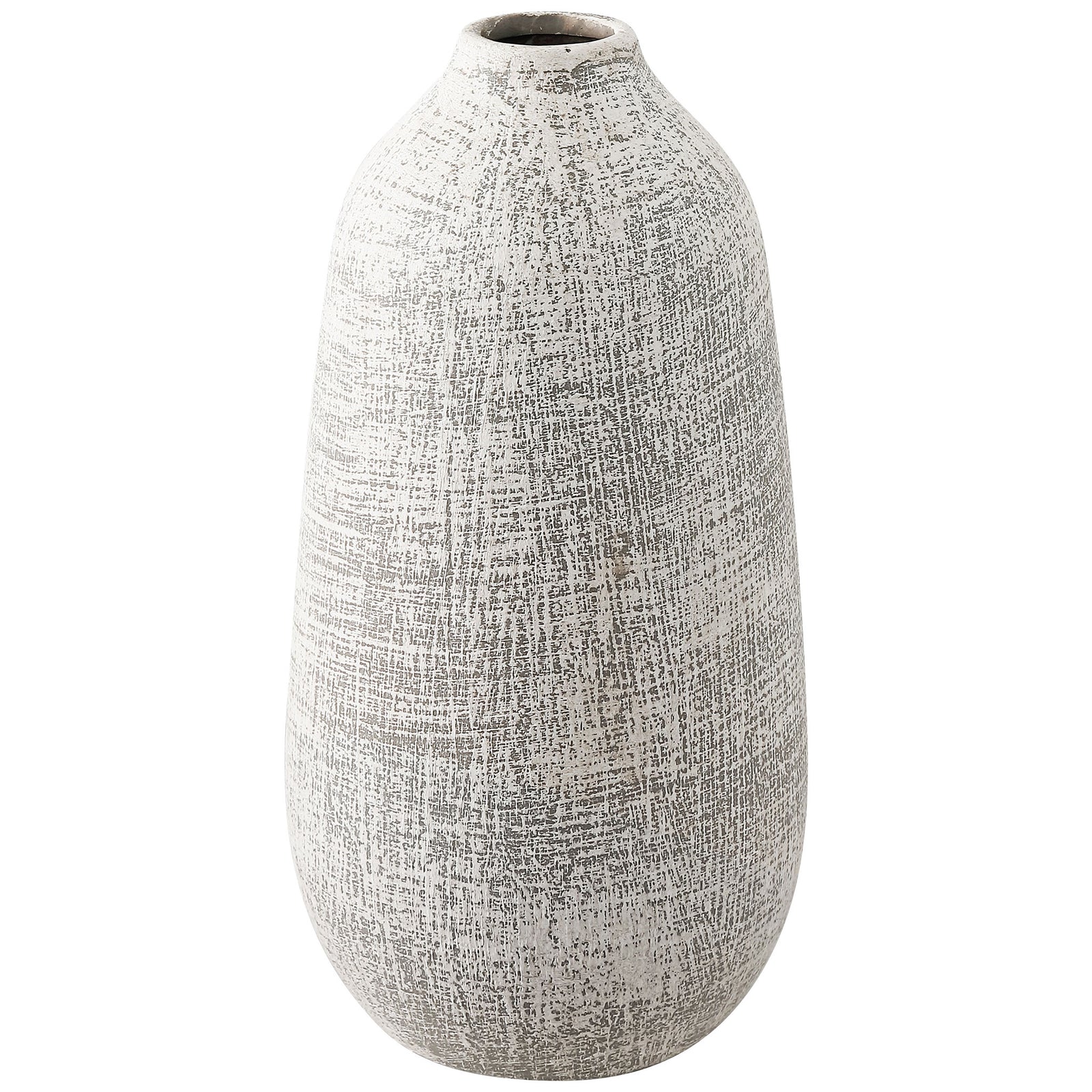 A slim-necked ceramic vase with a rounded body showcases its weathered gray-and-white finish || RDC4031A || front_angle_studio