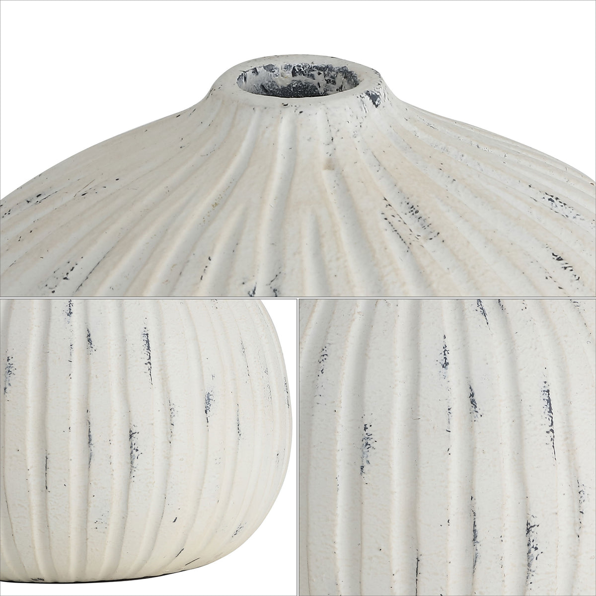 Dark distressed accents trace the white vase's deep grooves and narrow mouth || RDC4032A || detail_studio