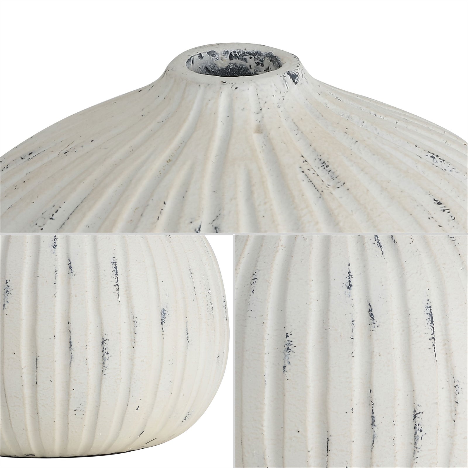 Dark distressed accents trace the white vase's deep grooves and narrow mouth || RDC4032A || detail_studio