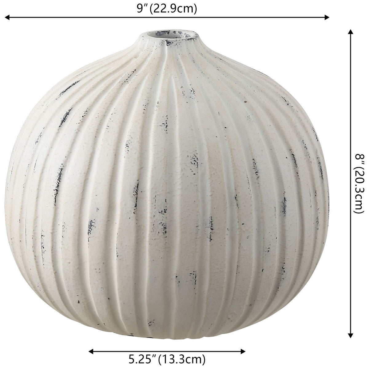 Round white vase pairs a 9-inch width with an 8-inch height and ribbed texture || RDC4032A || dimension_studio