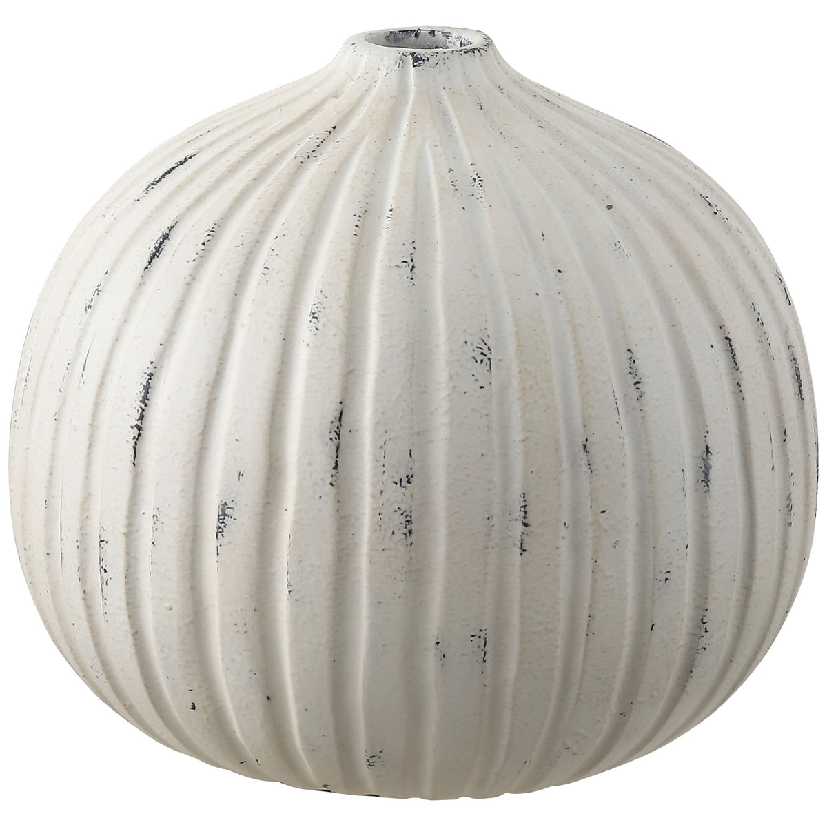 Rounded white resin vase features deeply grooved sides and a distressed finish || RDC4032A || front_studio
