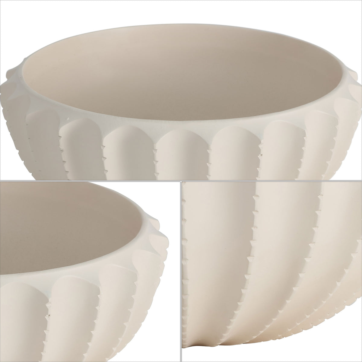 Sculpted scallops wrap the cream resin bowl, adding texture around its smooth interior || RDC4033A || detail_studio