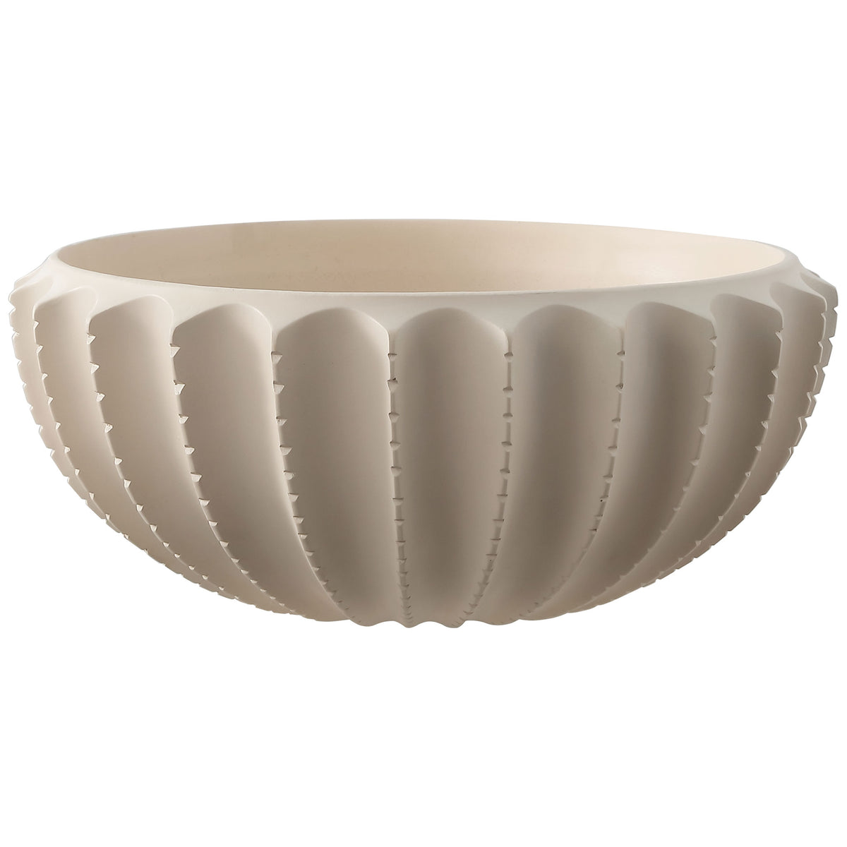 Wide cream resin bowl features a rounded profile, smooth interior, and deeply fluted sides || RDC4033A || front_angle_studio