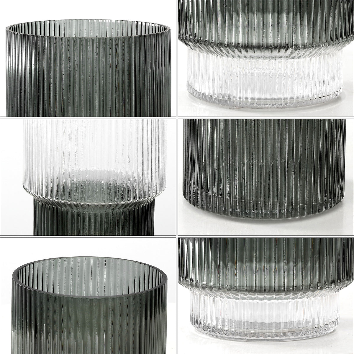 Fine vertical fluting textures the blue-gray glass and contrasting clear sections.