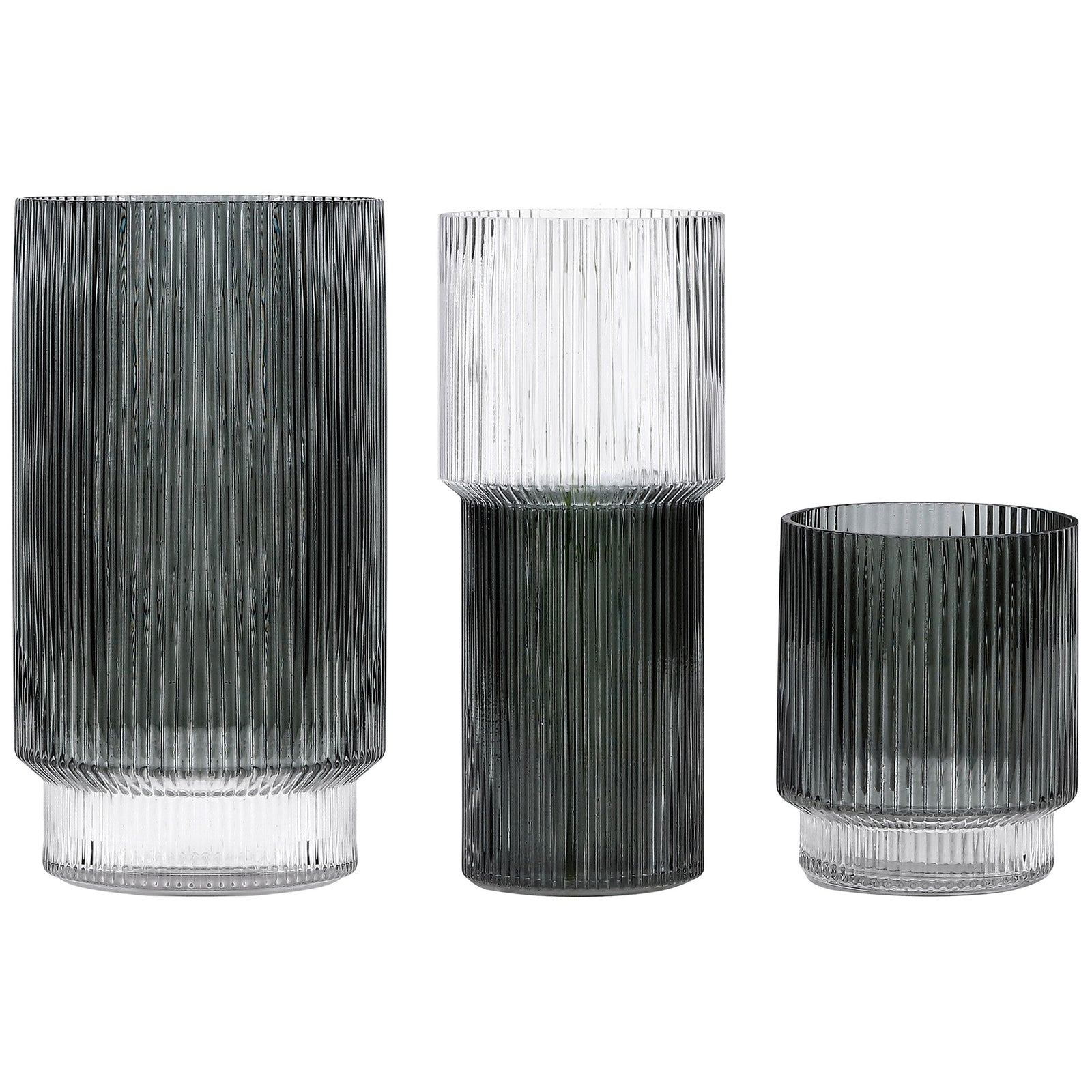 Fluted blue-gray glass vases pair distinct cylindrical silhouettes with clear accents. || RDC4034A-SET3 || front_studio