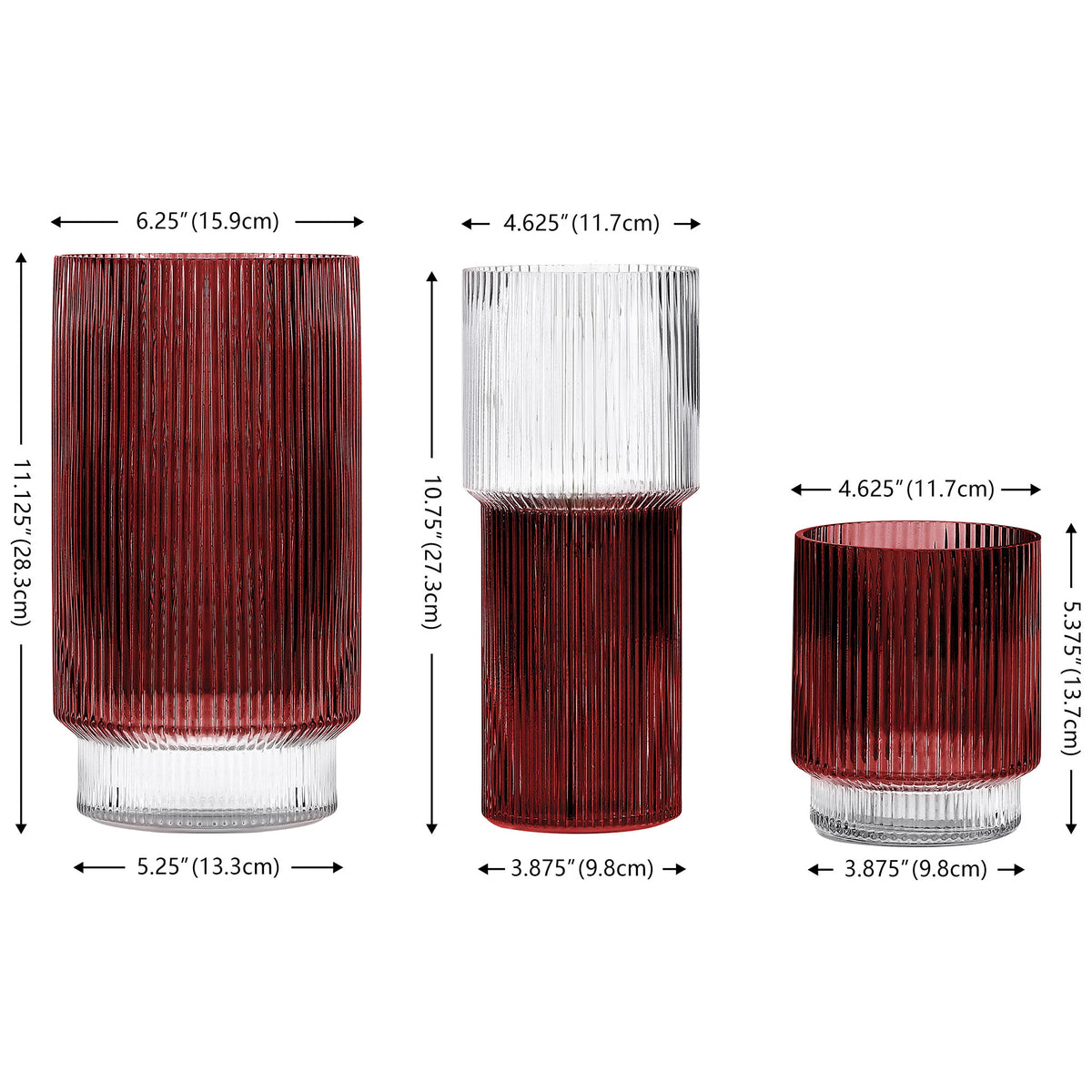 Three cranberry fluted glass vases offer varied heights and contrasting clear sections. || RDC4034B-SET3 || dimension_studio
