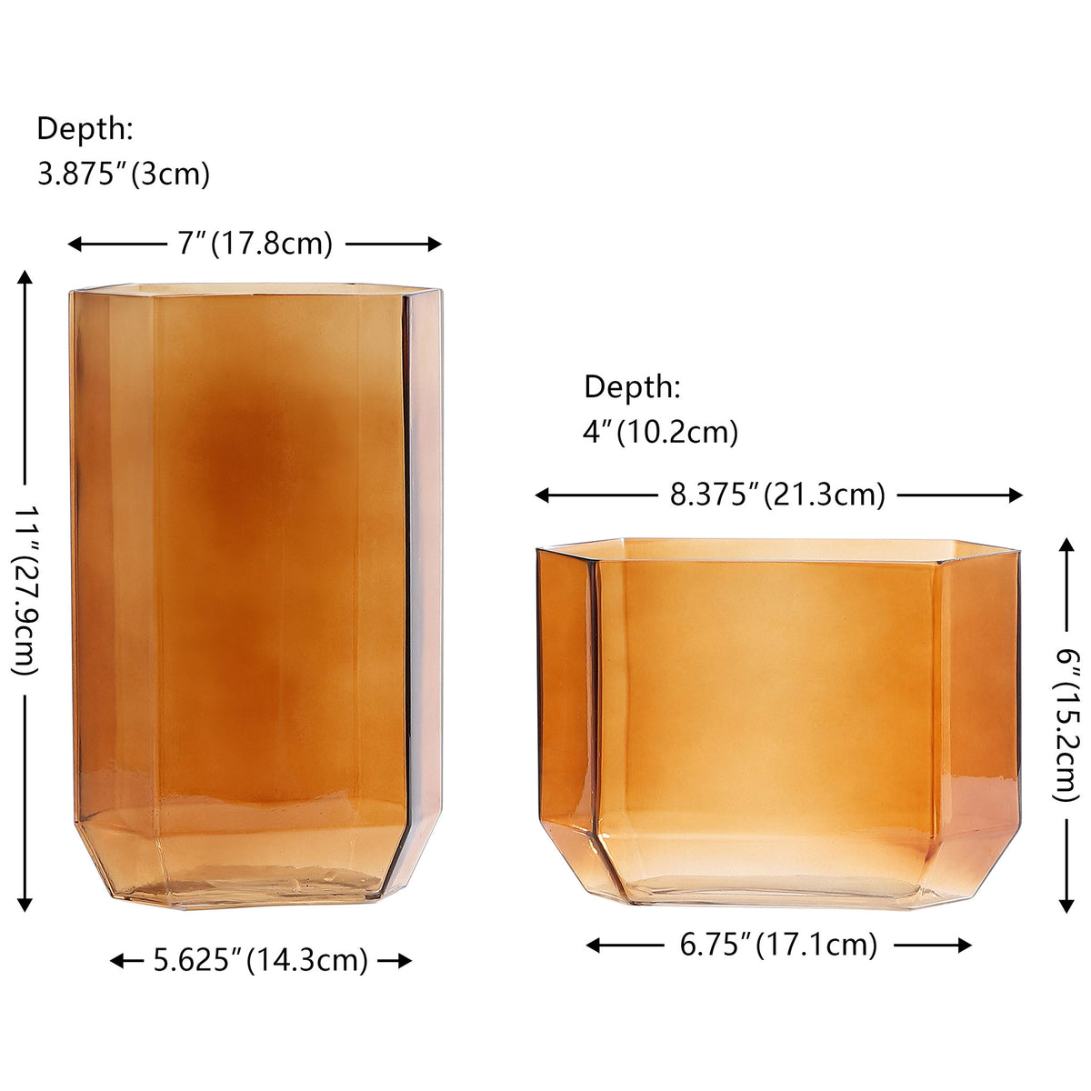 An 11-inch-tall vase and a wider 6-inch-tall vase offer complementary proportions in translucent orange glass. || RDC4035B-SET2 || dimension_studio