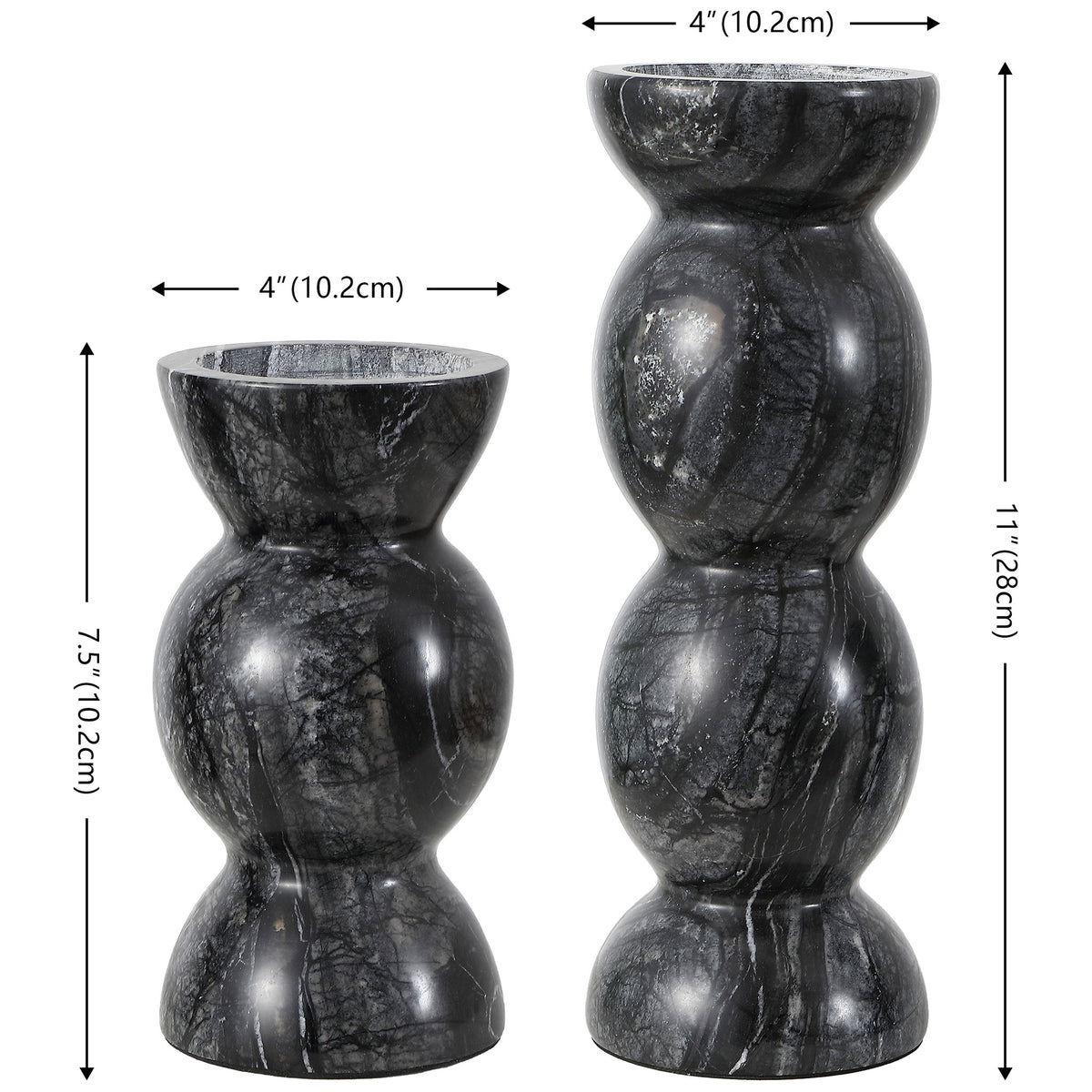 Two veined gray marble candle holders stand 7.5 and 11 inches tall, each measuring 4 inches wide. || RDC4037A-SET2 || dimension_studio