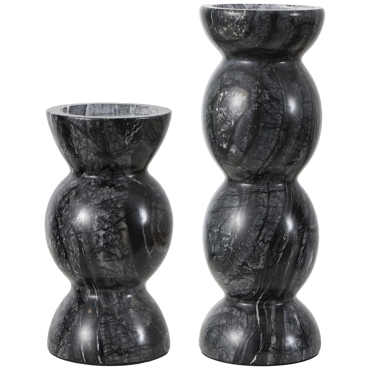 Two dark gray marble candle holders pair bowl-shaped tops with contrasting heights and fine white veining. || RDC4037A-SET2 || front_studio