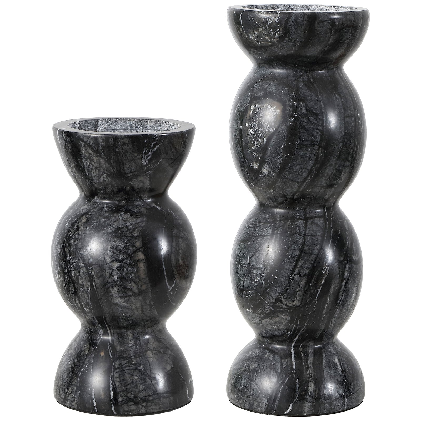 Two dark gray marble candle holders pair bowl-shaped tops with contrasting heights and fine white veining. || RDC4037A-SET2 || front_studio