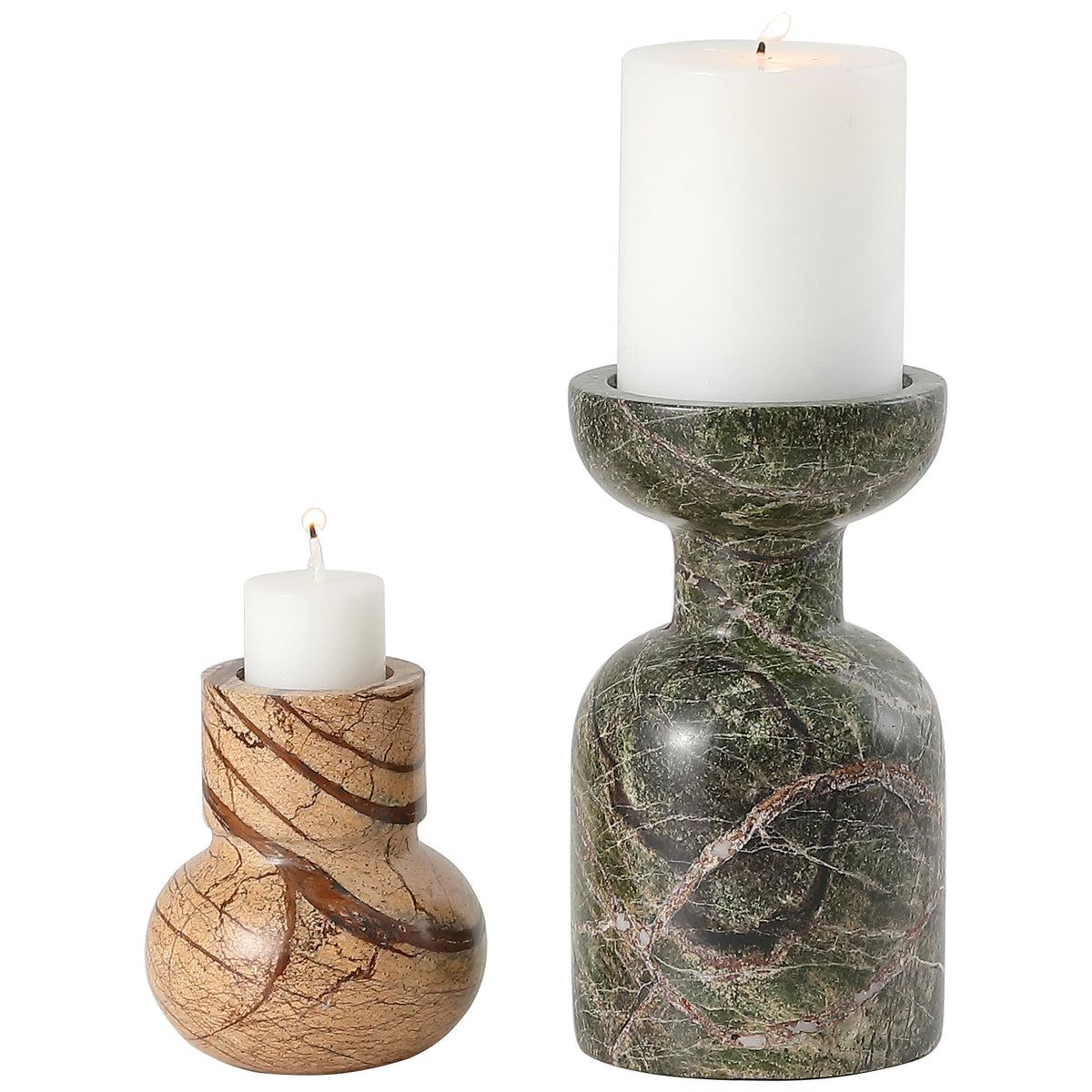 A tall green marble pedestal and petite tan holder cradle white candles in a sculptural pairing. || RDC4038A-SET2 || front_studio