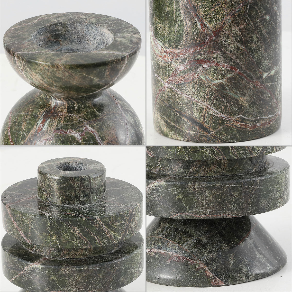 Green marble with red veining reveals carved candle wells and sculpted, contrasting forms.