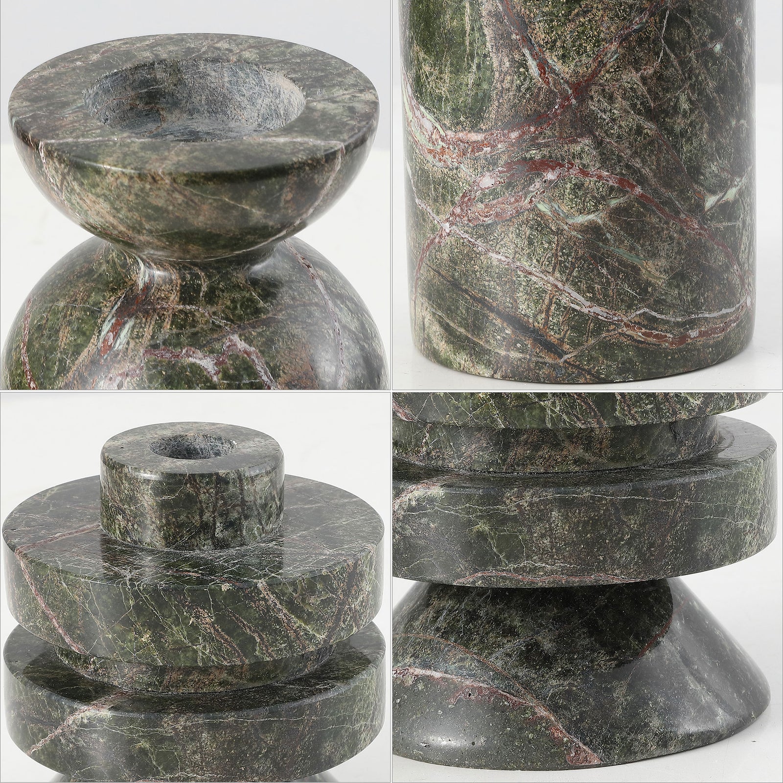 Green marble with red veining reveals carved candle wells and sculpted, contrasting forms. || RDC4039A-SET2 || detail_studio