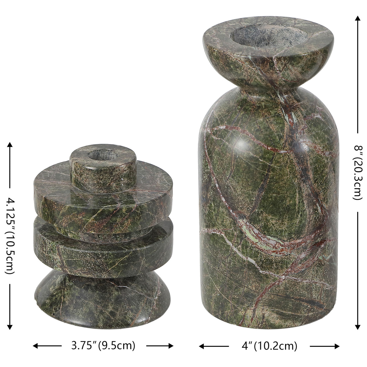 Two green marble holders stand 4.125 and 8 inches tall, pairing compact and column silhouettes. || RDC4039A-SET2 || dimension_studio