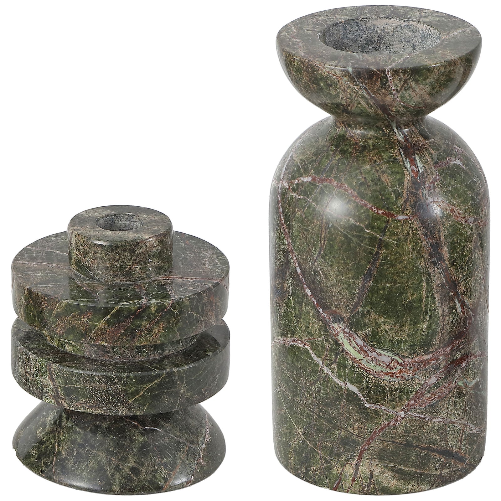 Stacked rings and a rounded column give this veined green marble pair sculptural contrast. || RDC4039A-SET2 || front_studio