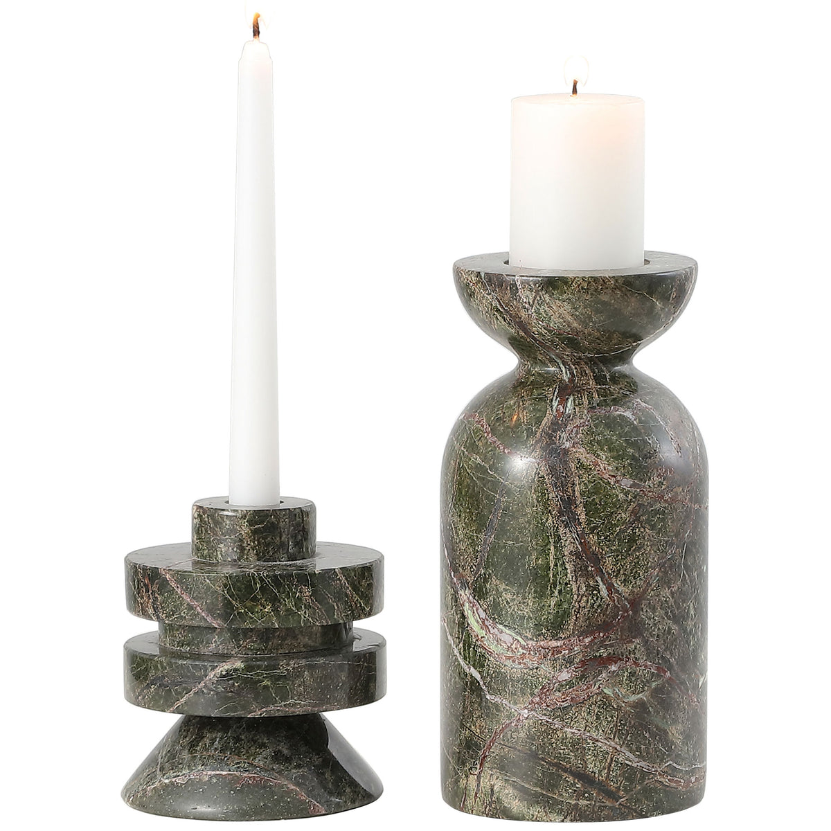A slender taper and pillar candle rest in red-veined green marble holders of contrasting heights. || RDC4039A-SET2 || front_studio