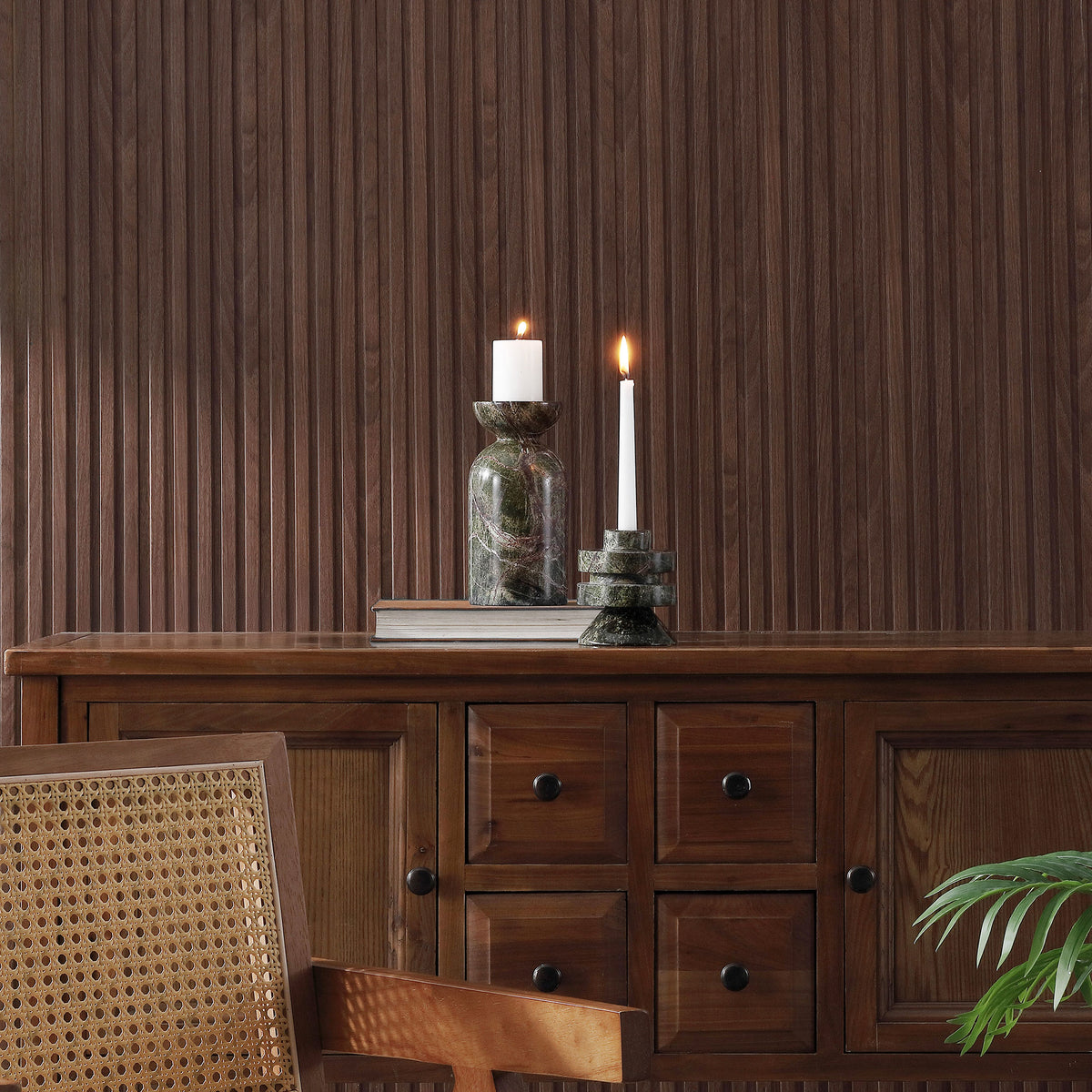 Lit taper and pillar candles bring a warm glow to sculptural green marble holders. || RDC4039A-SET2 || front_room