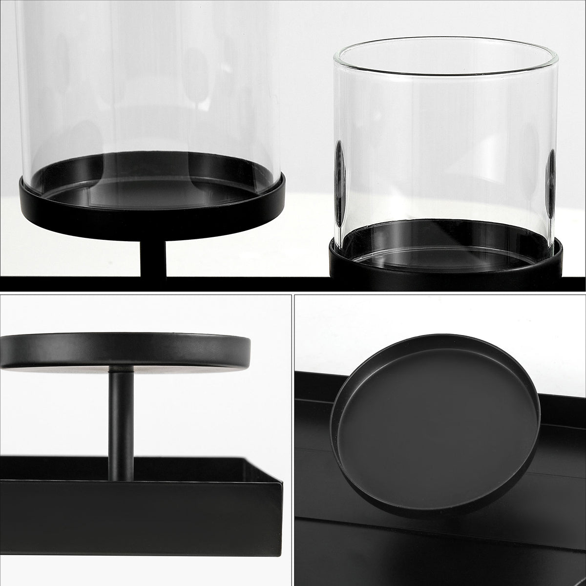 Clear glass cylinders and round black iron holders bring layered texture to the candle centerpiece. || RDC4040A || detail_studio