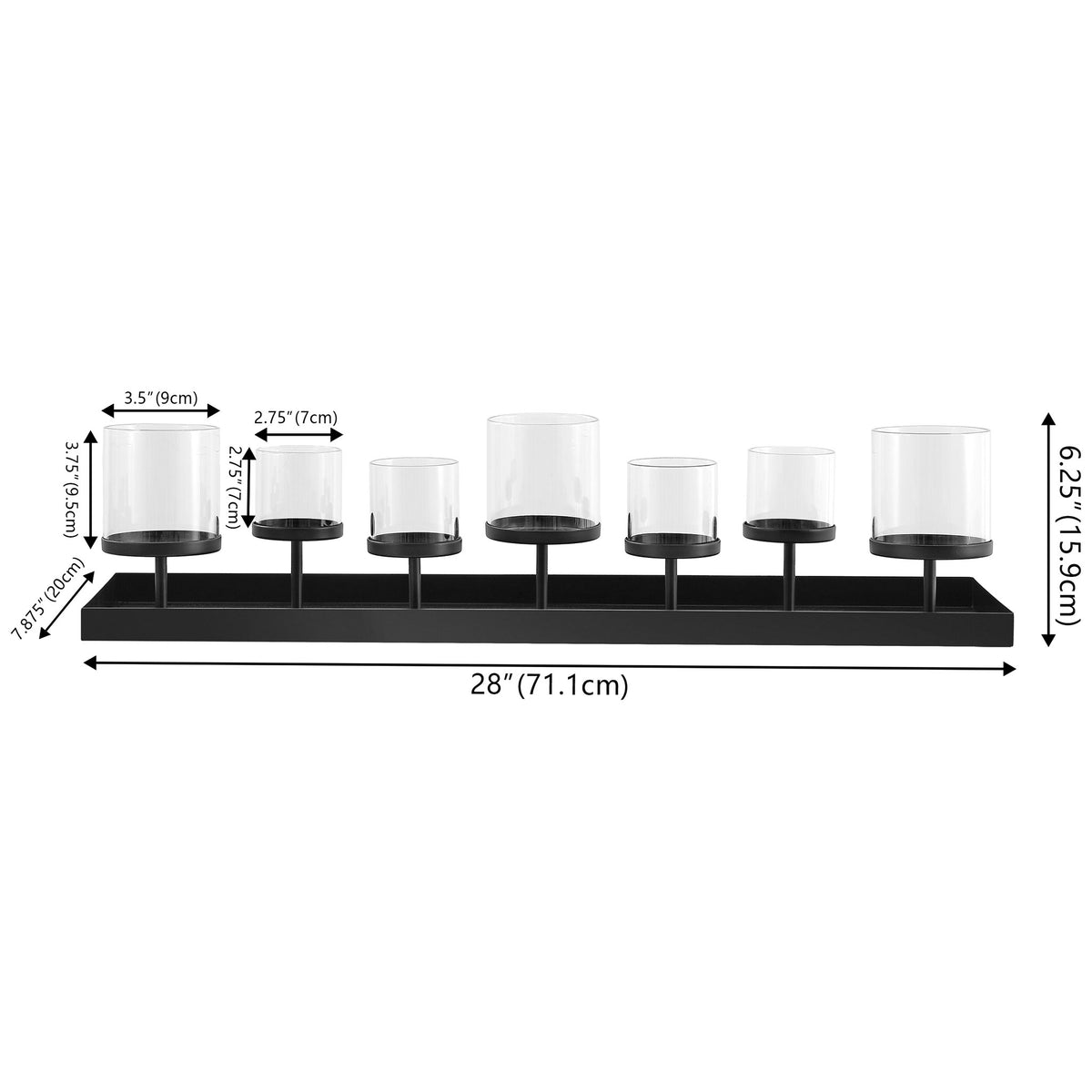 Seven glass candle cups rise at staggered heights above a black iron base spanning 28 inches. || RDC4040A || dimension_studio