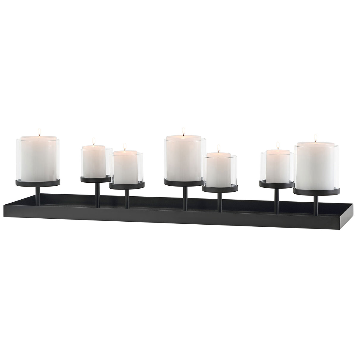 Lit white candles glow through clear glass cups above the long black iron base. || RDC4040A || front_angle_studio