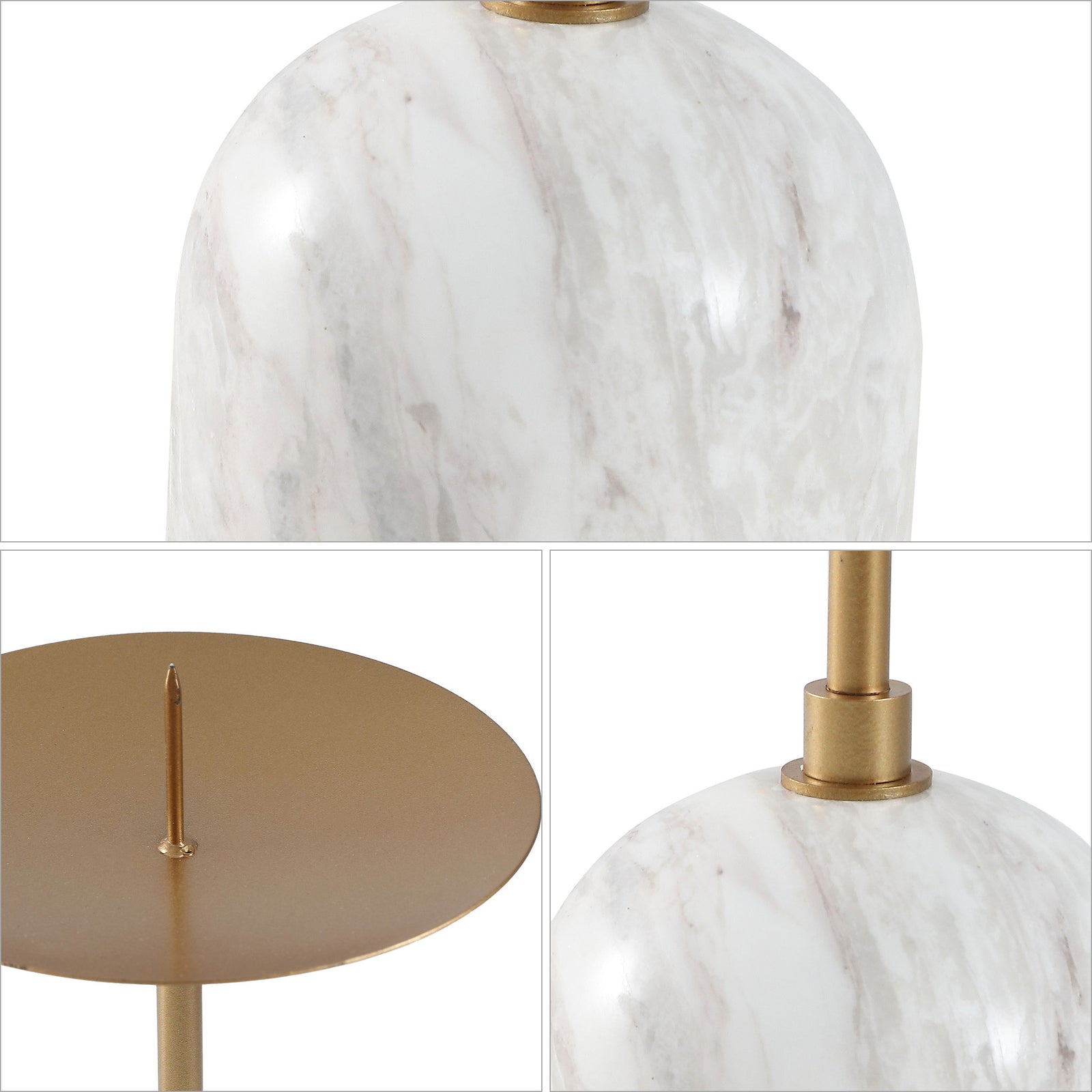 Veined white marble and gold-tone metal meet at the stem, with a candle spike rising from the slim plate. || RDC4042A-SET2 || detail_studio