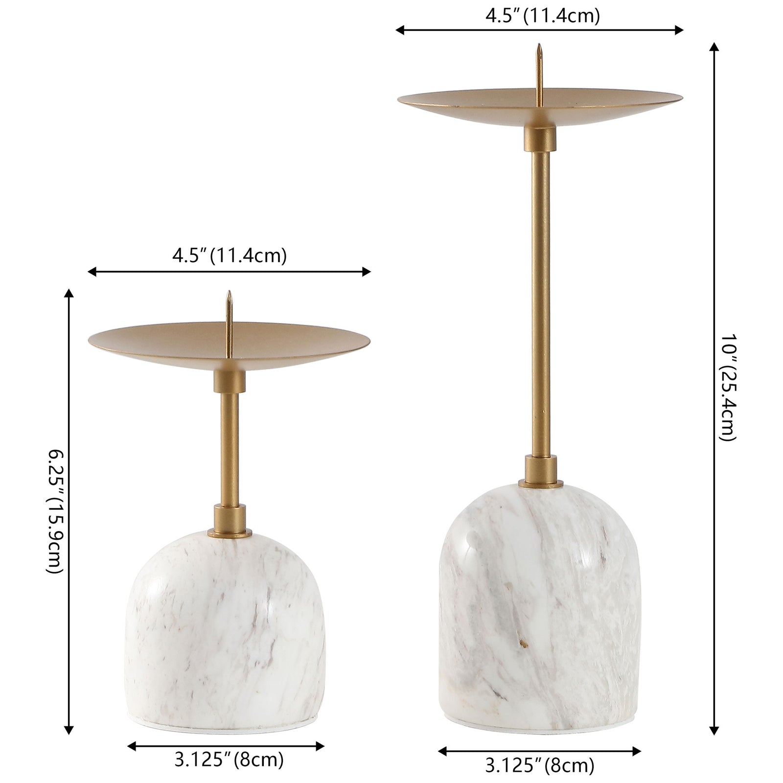 A pair of marble-base candle holders stands 6.25 and 10 inches tall, each topped with a 4.5-inch plate. || RDC4042A-SET2 || dimension_studio