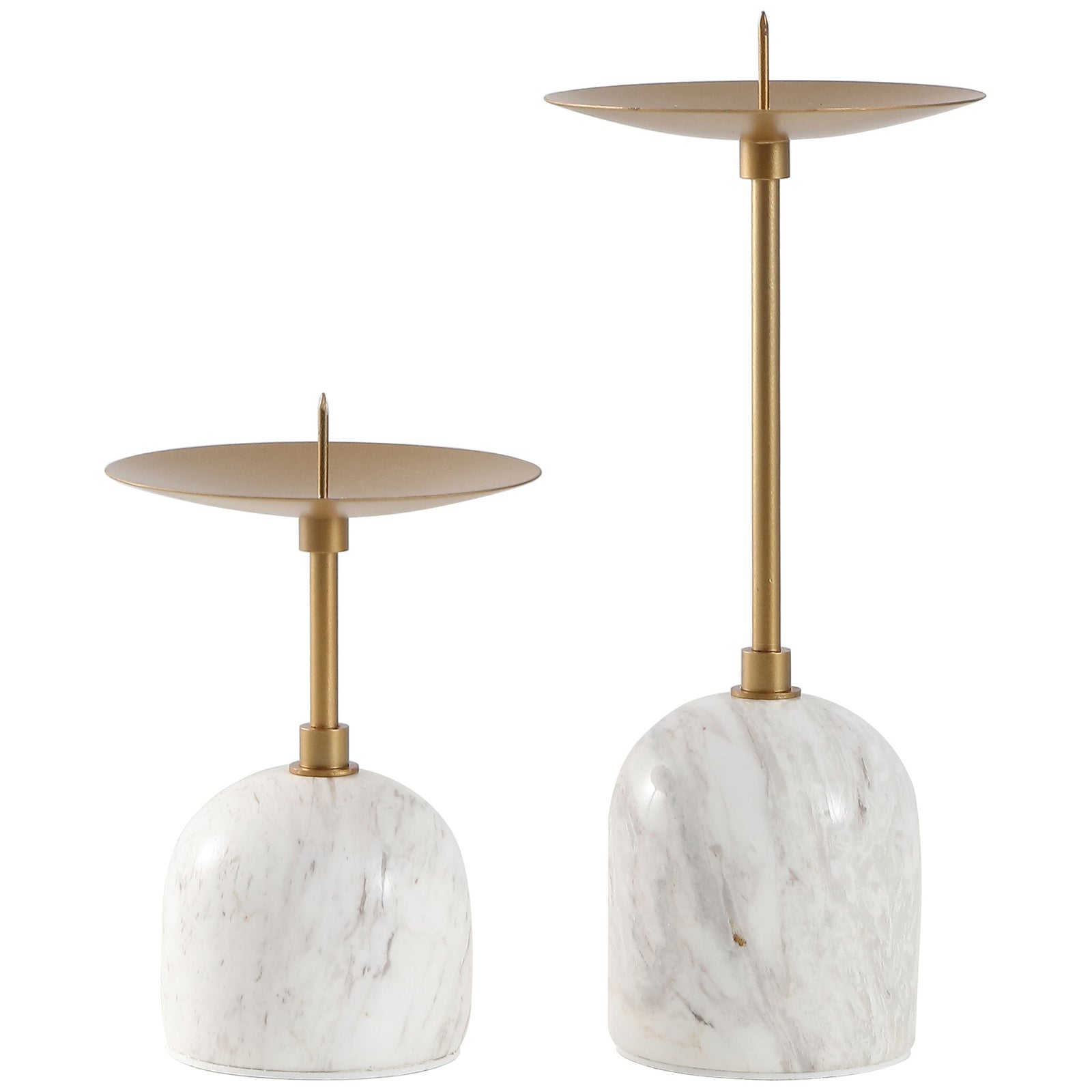 Two graduated candle holders pair slender gold-tone stems with rounded white marble bases. || RDC4042A-SET2 || front_studio