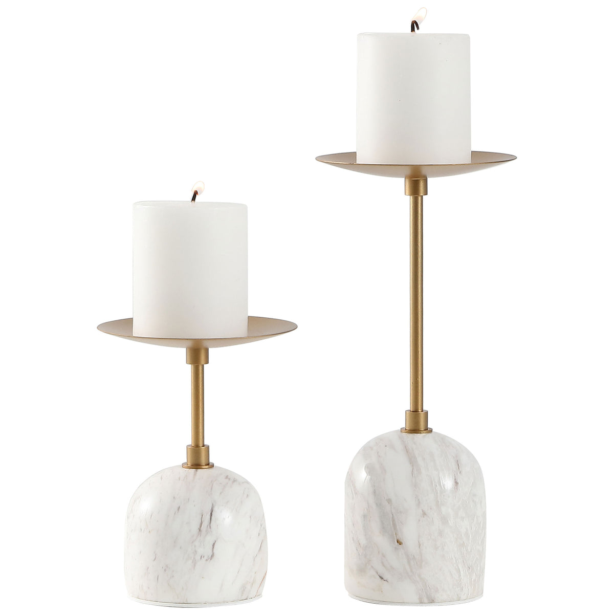 White pillar candles rest on gold-tone plates above slender stems and softly veined marble bases. || RDC4042A-SET2 || front_studio