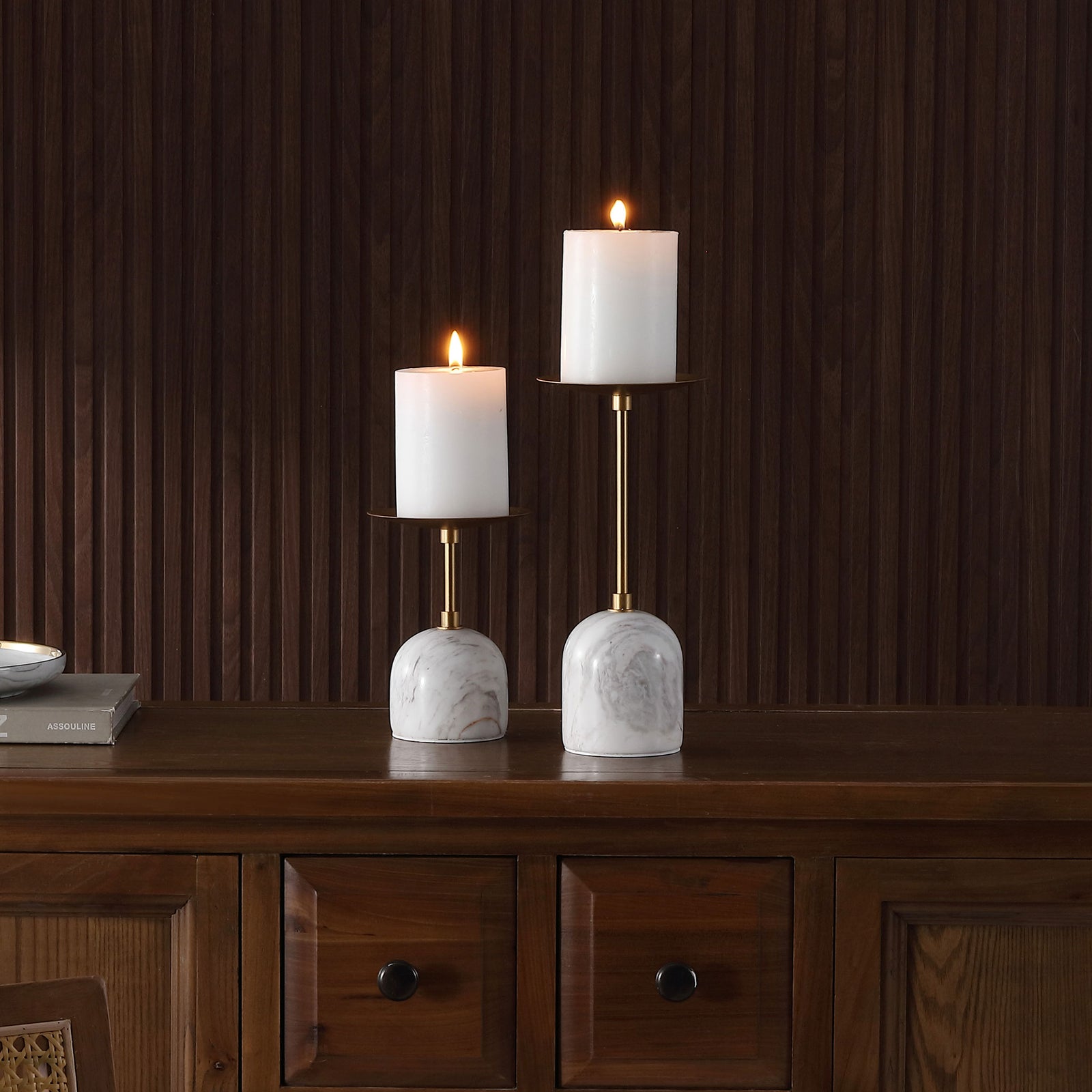 Glowing white candles top slim gold-tone stems and veined marble bases in a graceful pair. || RDC4042A-SET2 || front_room