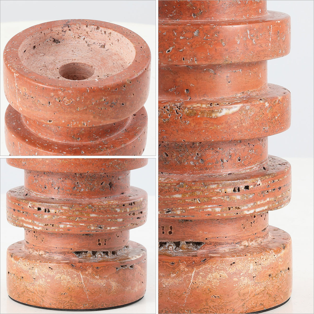 Porous rust-orange travertine reveals recessed candle cups and sculpted ring details. || RDC4043A-SET2 || detail_studio