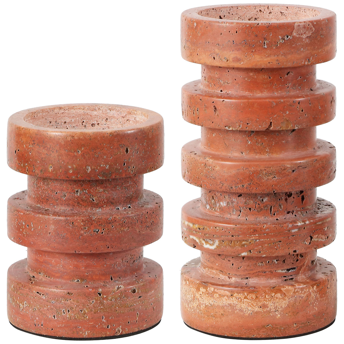 A tall and short travertine candle holder pair features recessed tops and bold, stacked rings. || RDC4043A-SET2 || front_studio