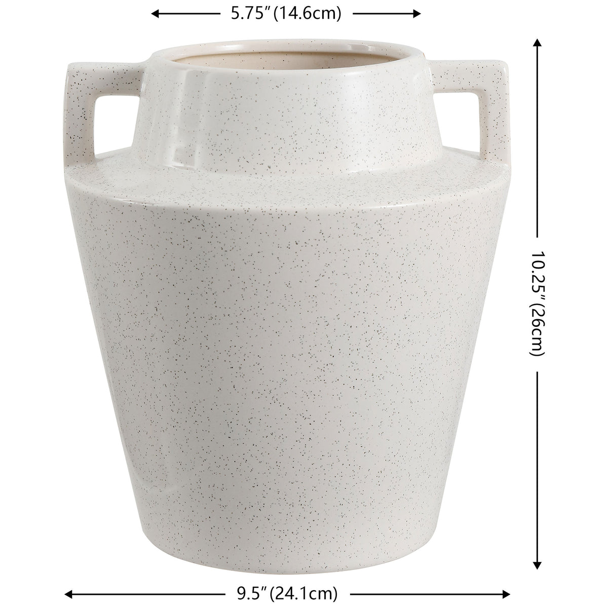 A 10.25-inch-tall cream ceramic vase measures 9.5 inches wide and features squared handles || RDC4044A || dimension_studio