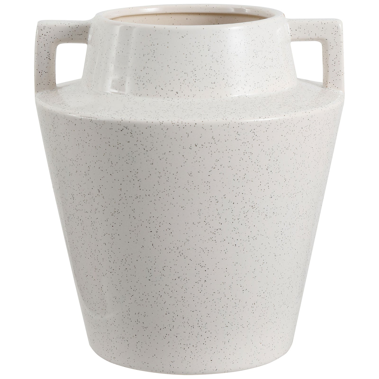 A sculptural cream ceramic vase pairs a tapered body and raised neck with angular twin handles || RDC4044A || front_studio