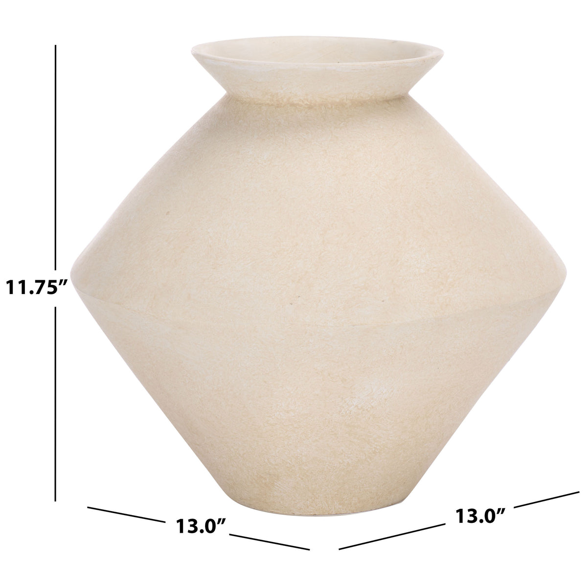 Cream vase measures 13 inches across and 11.75 inches tall, with a wide angular body || RDC4045A || dimension_studio