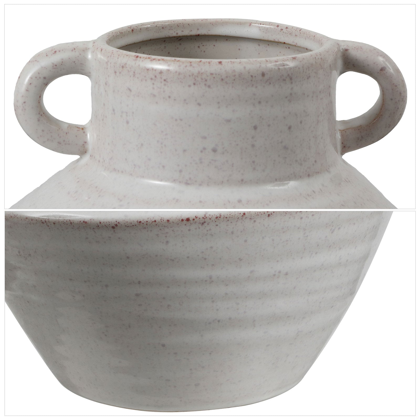 Rounded side handles and subtle ridges bring texture to this speckled ceramic vase. || RDC4046A || detail_studio