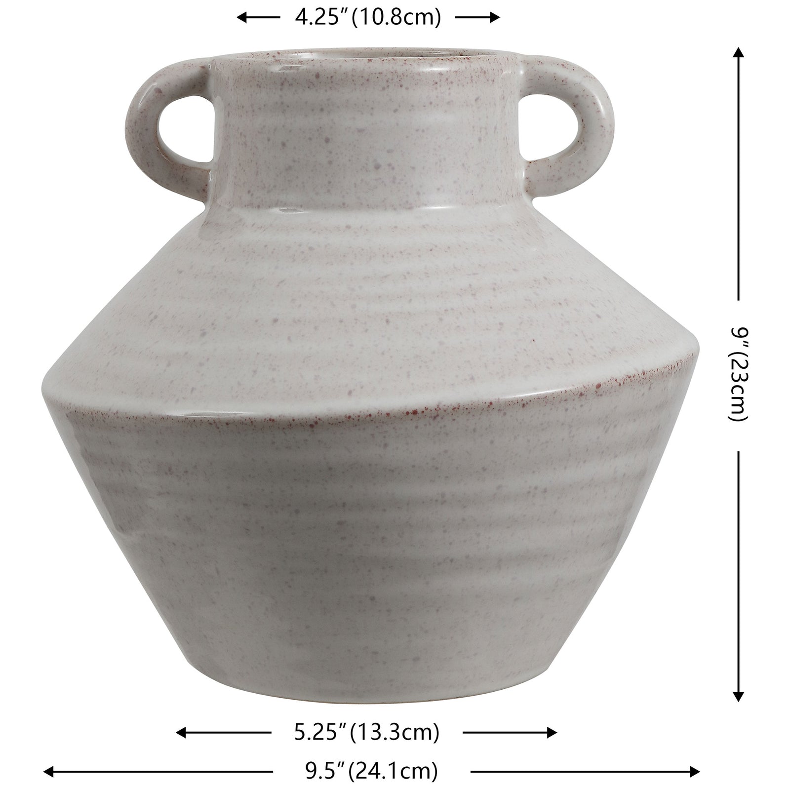 A 9-inch-tall ceramic vase combines a tapered body with a narrow neck and loop handles. || RDC4046A || dimension_studio