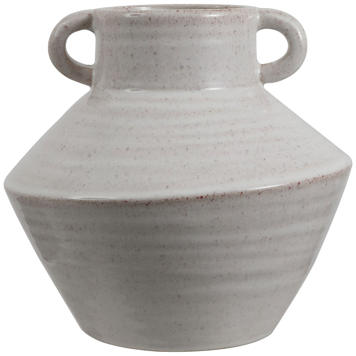 A sculptural ceramic vase features a broad, tapered body, twin handles, and a softly speckled finish. || RDC4046A || front_studio