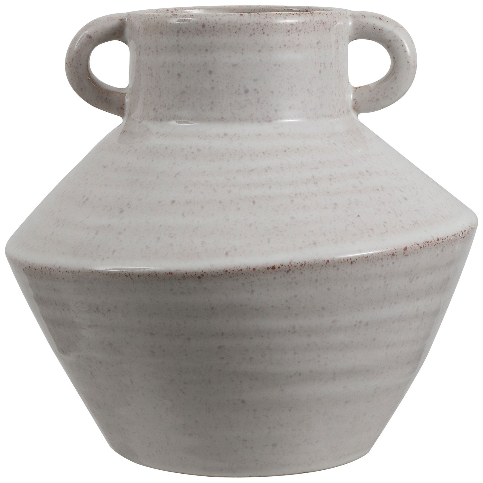 A sculptural ceramic vase features a broad, tapered body, twin handles, and a softly speckled finish. || RDC4046A || front_studio
