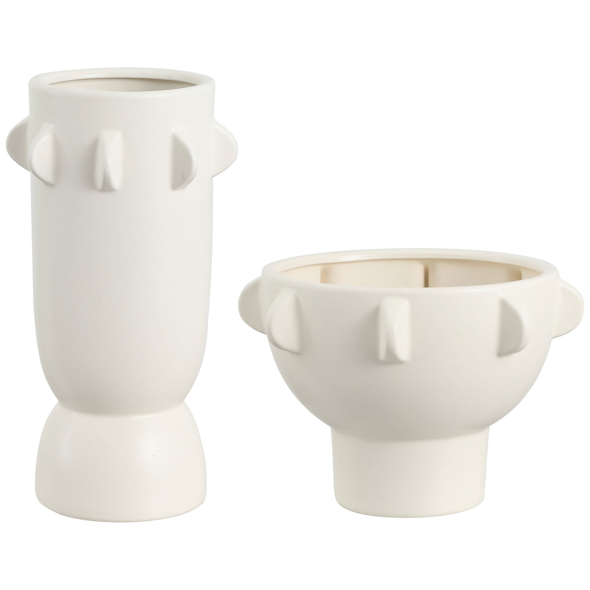 Two off-white ceramic vases pair a tall column with a wide bowl, each ringed with sculptural tabs. || RDC4047A-SET2 || front_studio